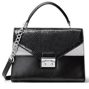 Michael Kors Sloan Satchel Black Snake Embossed Leather Silver Pewter Crossbody